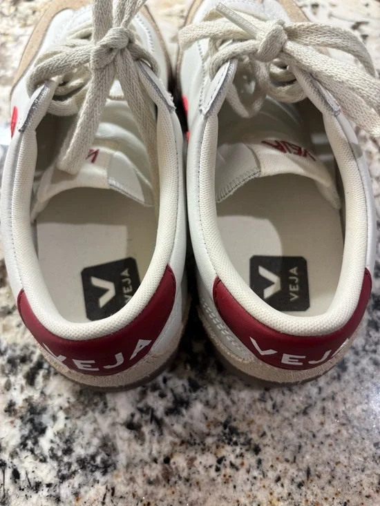 Veja Low-Top Leather Sneakers in White with V and Red Heel Tab Beige Suede - Picture 2 of 10